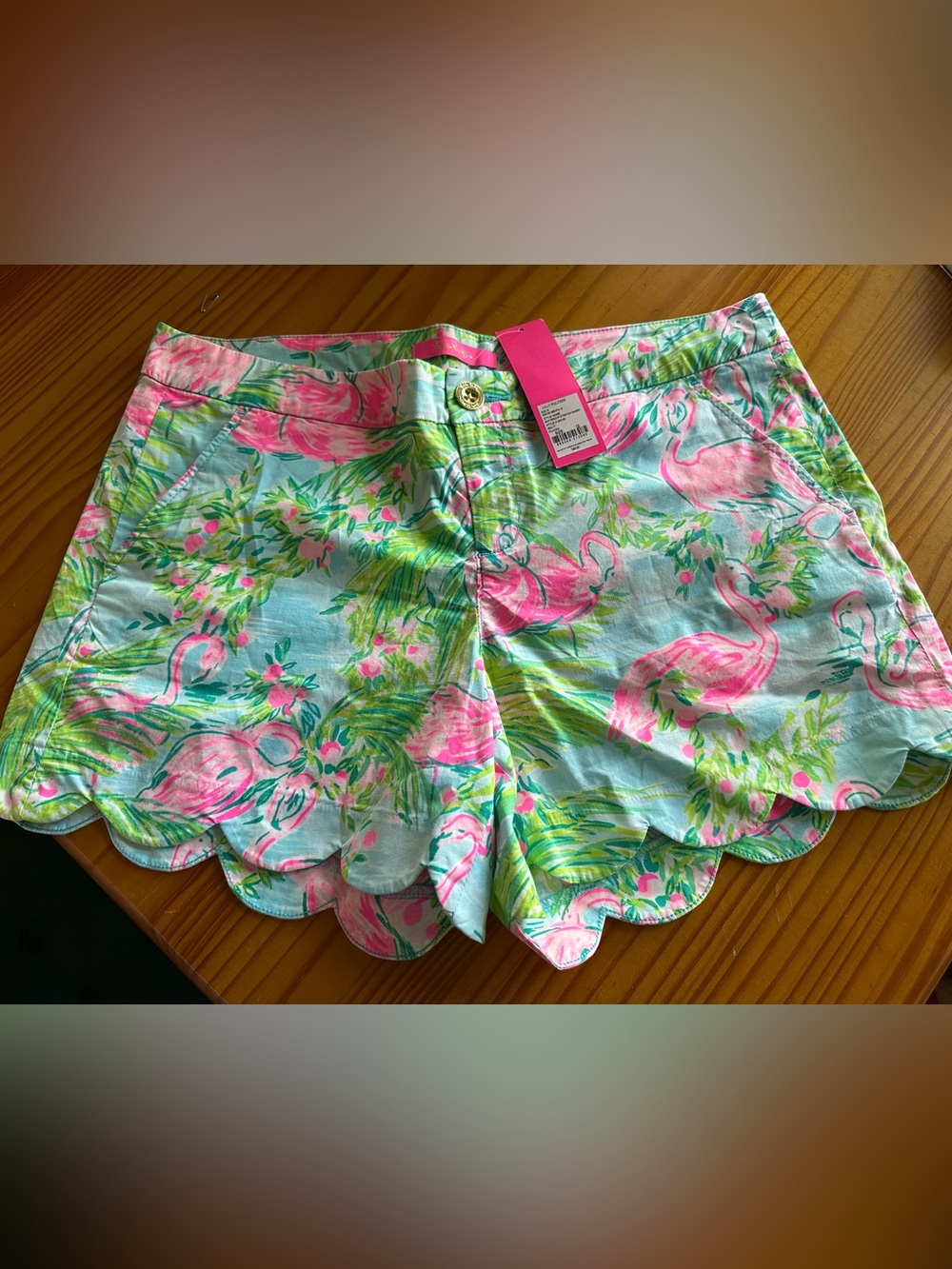 Lilly Pulitzer Pink & Aqua Flamingo Scallop-Hem Shorts